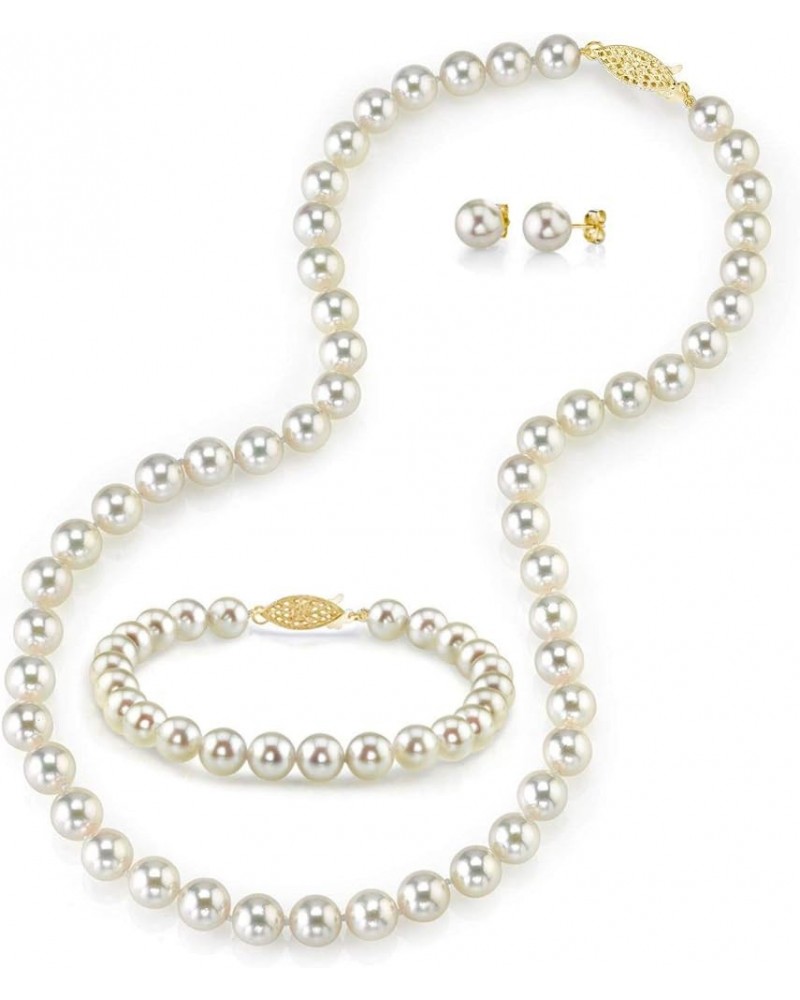 14K Gold 7.5-8mm Round White Akoya Cultured Pearl Necklace, Bracelet & Earrings Set for Women 16.0 Inches Yellow Gold $596.14...