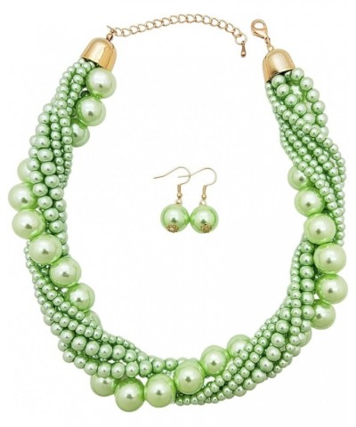 Women's Chunky Braided Cluster Simulated Pearl Bead Statement Collar Necklace Earring Set Light Green Tone $10.63 Jewelry Sets