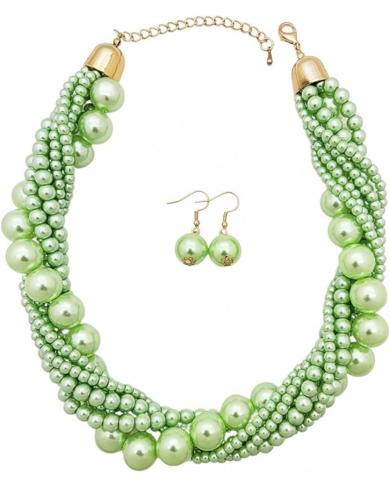 Women's Chunky Braided Cluster Simulated Pearl Bead Statement Collar Necklace Earring Set Light Green Tone $10.63 Jewelry Sets