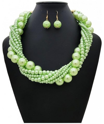 Women's Chunky Braided Cluster Simulated Pearl Bead Statement Collar Necklace Earring Set Light Green Tone $10.63 Jewelry Sets