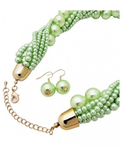 Women's Chunky Braided Cluster Simulated Pearl Bead Statement Collar Necklace Earring Set Light Green Tone $10.63 Jewelry Sets