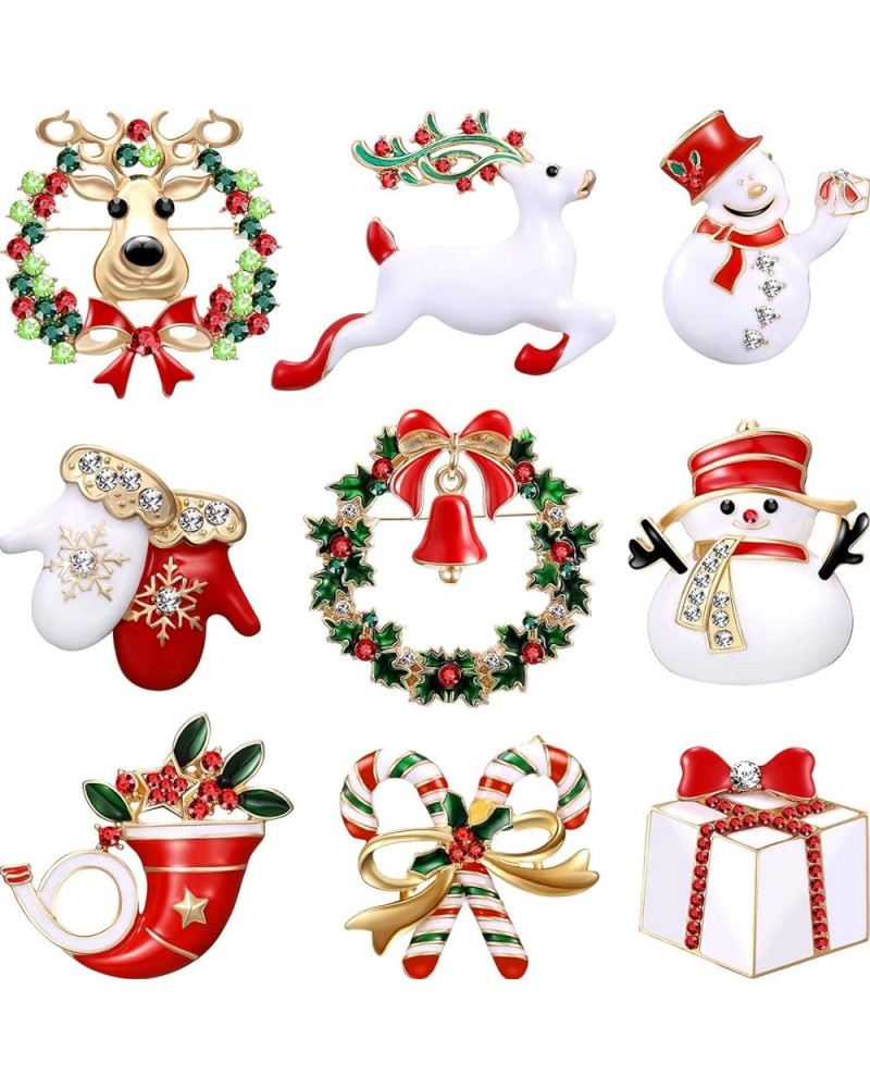 9 Pieces Christmas Brooch Pins Set with Rhinestone for Women, Crystal Cute Enamel Pins Snowman Bells Christmas Trees Jewelry ...