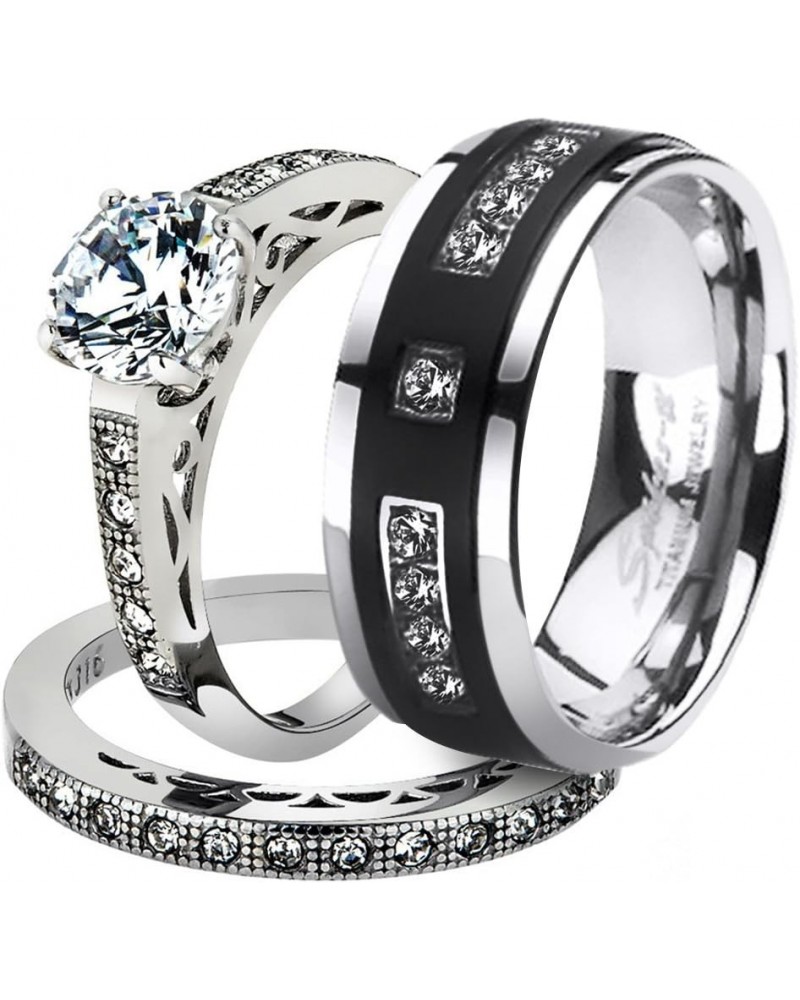 His and Her Stainless Steel 1.39 Carat Cubic Zirconia Bridal Set and Men's Titanium Wedding Band Women's Size 08 Men's Size 0...