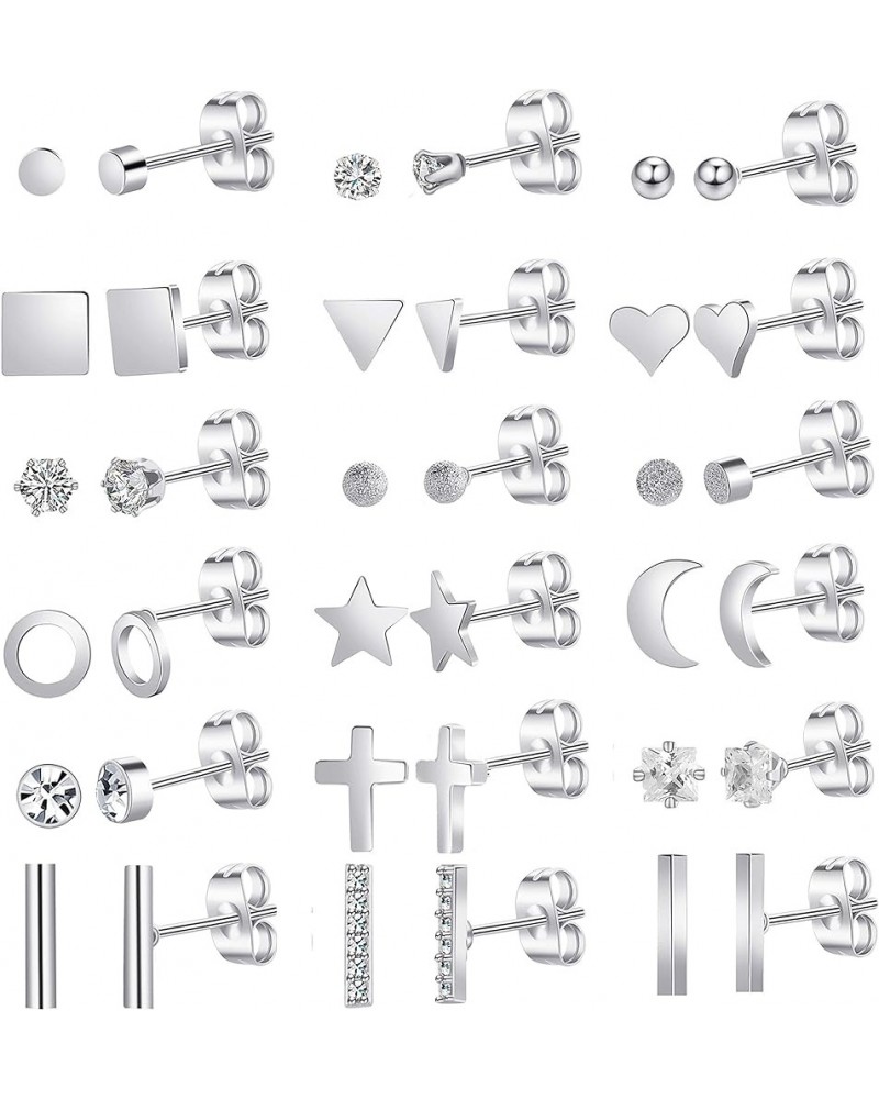 18Pairs 20G Stainless Steel Tiny Stud Earrings for Women CZ Earrings Cartilage Helix Ear Piercing Set A: 18 Pairs Silver-tone...