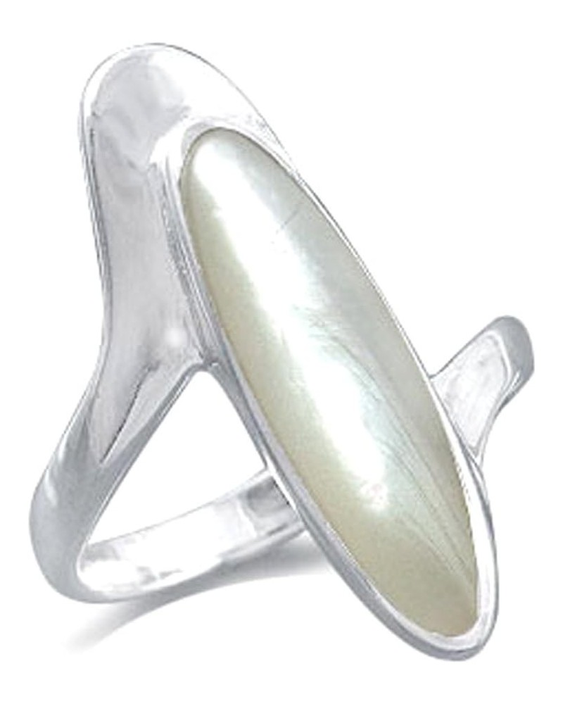 Long Inlay White Gold Plated 925 Sterling Silver Modern Style Ring 9 Silver White Mother Of Pearl $10.00 Rings