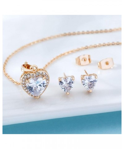 Austrian Crystal Halo Heart Pendant Necklace Earrings for Women 14K Gold Plated Hypoallergenic Jewelry Set White $14.99 Jewel...