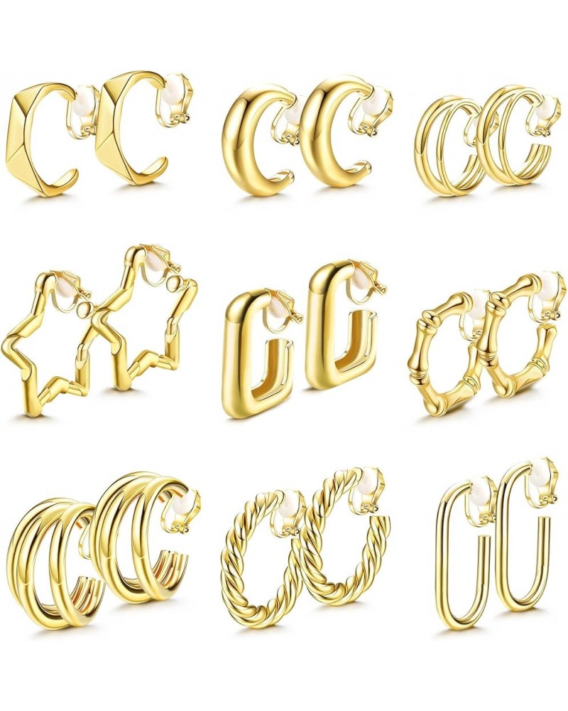 9 Pairs 14K Gold Clip On Earrings for Women Fashion Clip On Earrings Gold Silver Chunky Hoop Earrings No Piercing Fake Earrin...