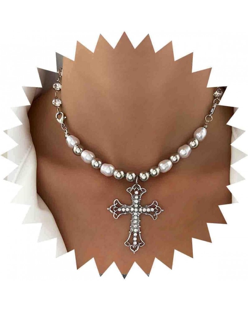 Vintage Crystal Cross Pearl Necklace Silver Cross Pendant Necklace Pearl Bead Choker Necklace Exaggerated Crucifix Necklace J...