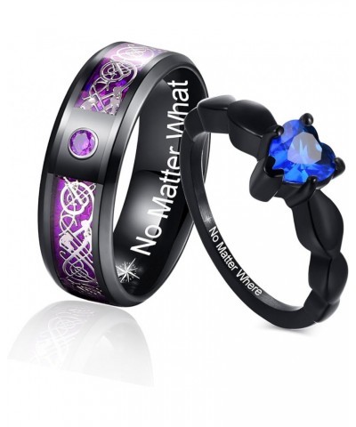 MZZJ Personalized His Hers Couple Rings Men's 8MM Celtic Dragon Pattern & Women's Blue Heart Shape Cubic Zirconia Black Stain...