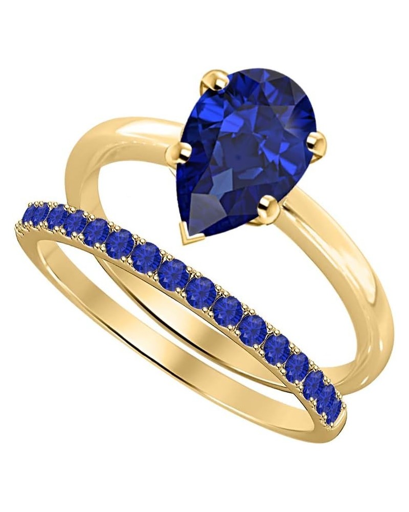 Solitaire Pear Shape Created Blue Sapphire Wedding Band Engagement Bridal Ring Set For Women 14k Gold Over .925 Sterling Silv...